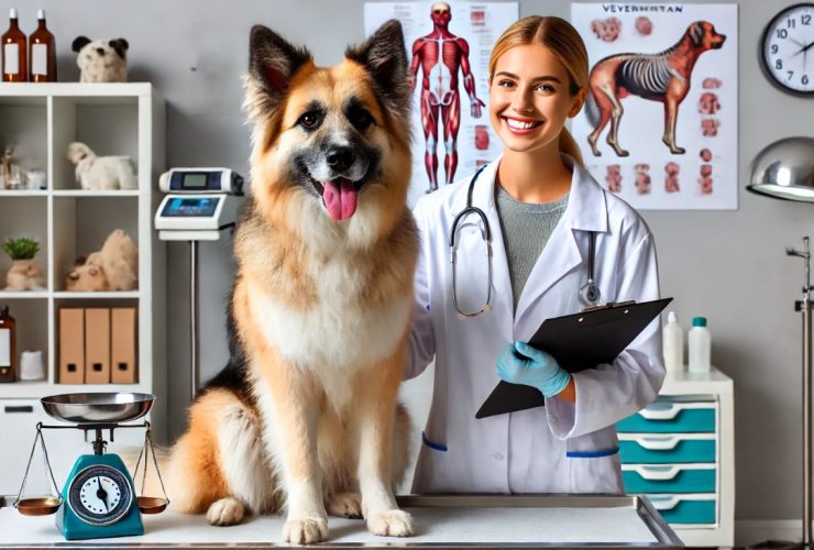 batch DALL·E 2024 12 26 11.15.12 A horizontal image of a friendly dog at a veterinarians office. The scene includes the dog sitting on an examination table a smiling veterinarian in