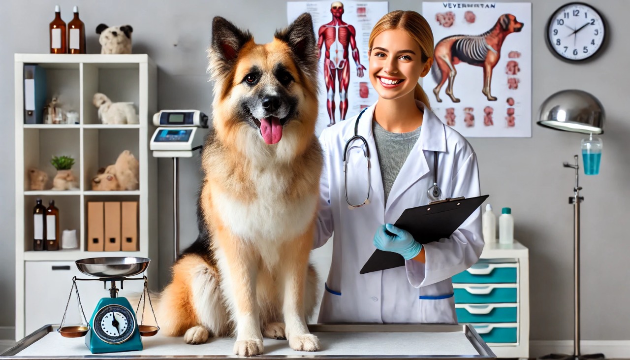 batch DALL·E 2024 12 26 11.15.12 A horizontal image of a friendly dog at a veterinarians office. The scene includes the dog sitting on an examination table a smiling veterinarian in