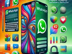 Imagem representando as vantagens e precauções do WhatsApp modificado, com uma interface personalizada de um lado e alertas de segurança do outro.
