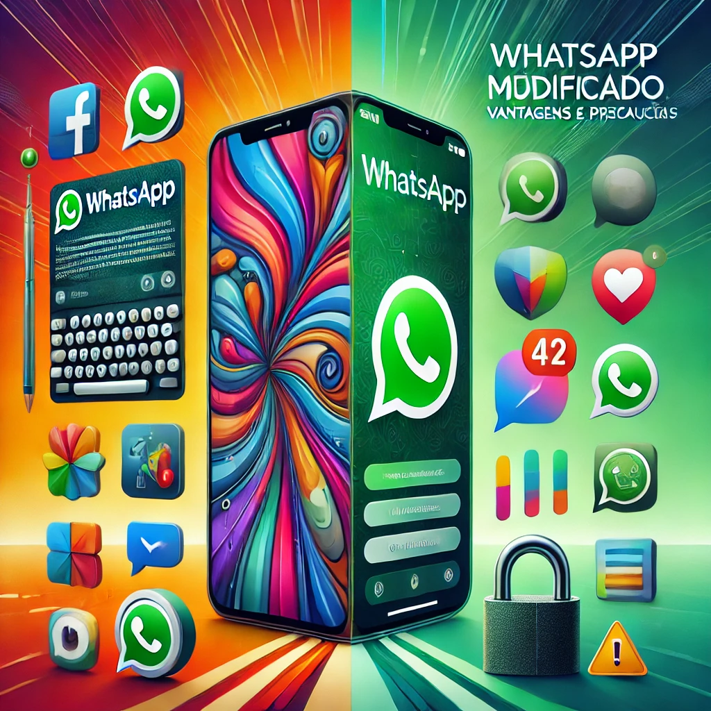 Imagem representando as vantagens e precauções do WhatsApp modificado, com uma interface personalizada de um lado e alertas de segurança do outro.