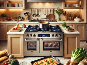 DALL·E 2025 01 01 12.01.31 A beautifully arranged kitchen with a modern 5 burner stove in the center surrounded by fresh ingredients and tools for cooking. The setting includes