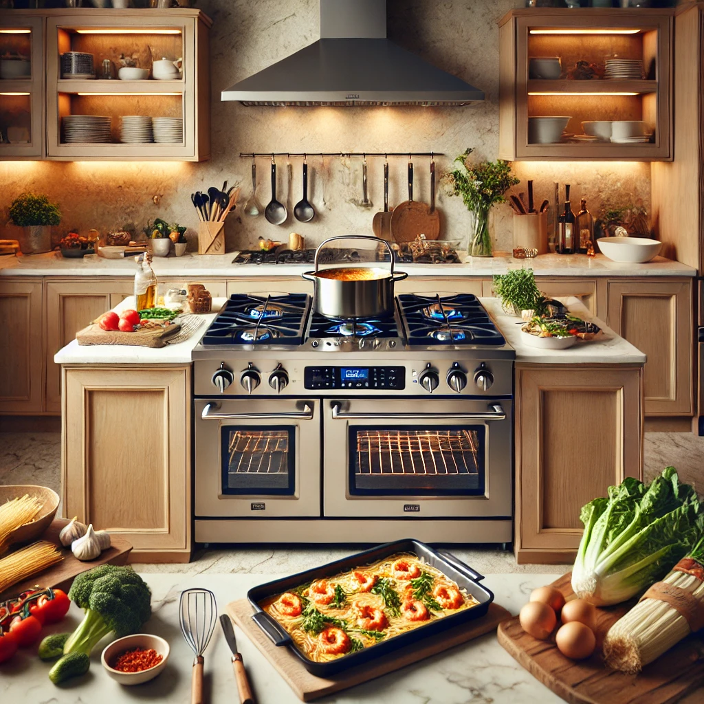 DALL·E 2025 01 01 12.01.31 A beautifully arranged kitchen with a modern 5 burner stove in the center surrounded by fresh ingredients and tools for cooking. The setting includes