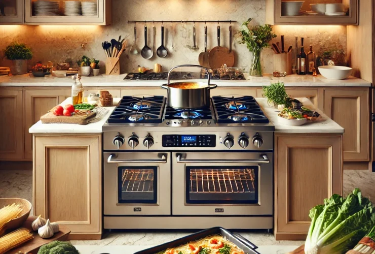 DALL·E 2025 01 01 12.01.31 A beautifully arranged kitchen with a modern 5 burner stove in the center surrounded by fresh ingredients and tools for cooking. The setting includes