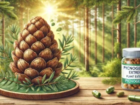 DALL·E 2025 01 20 11.14.06 A detailed and horizontal illustration of pycnogenol a plant extract derived from maritime pine bark depicted in a natural and calming forest envir