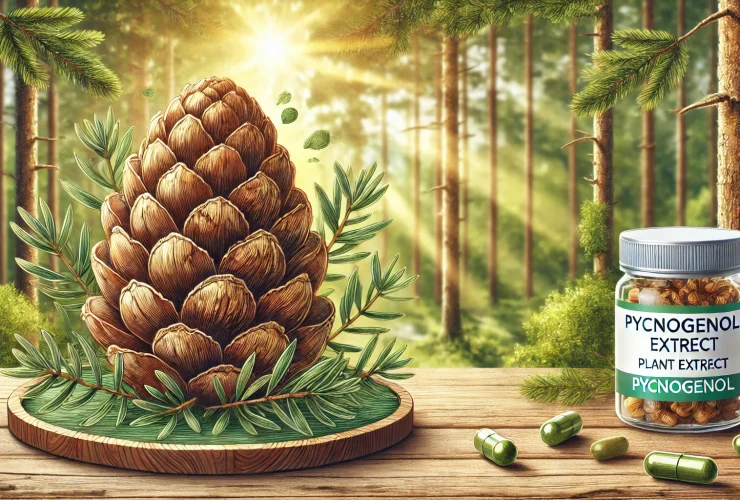 DALL·E 2025 01 20 11.14.06 A detailed and horizontal illustration of pycnogenol a plant extract derived from maritime pine bark depicted in a natural and calming forest envir