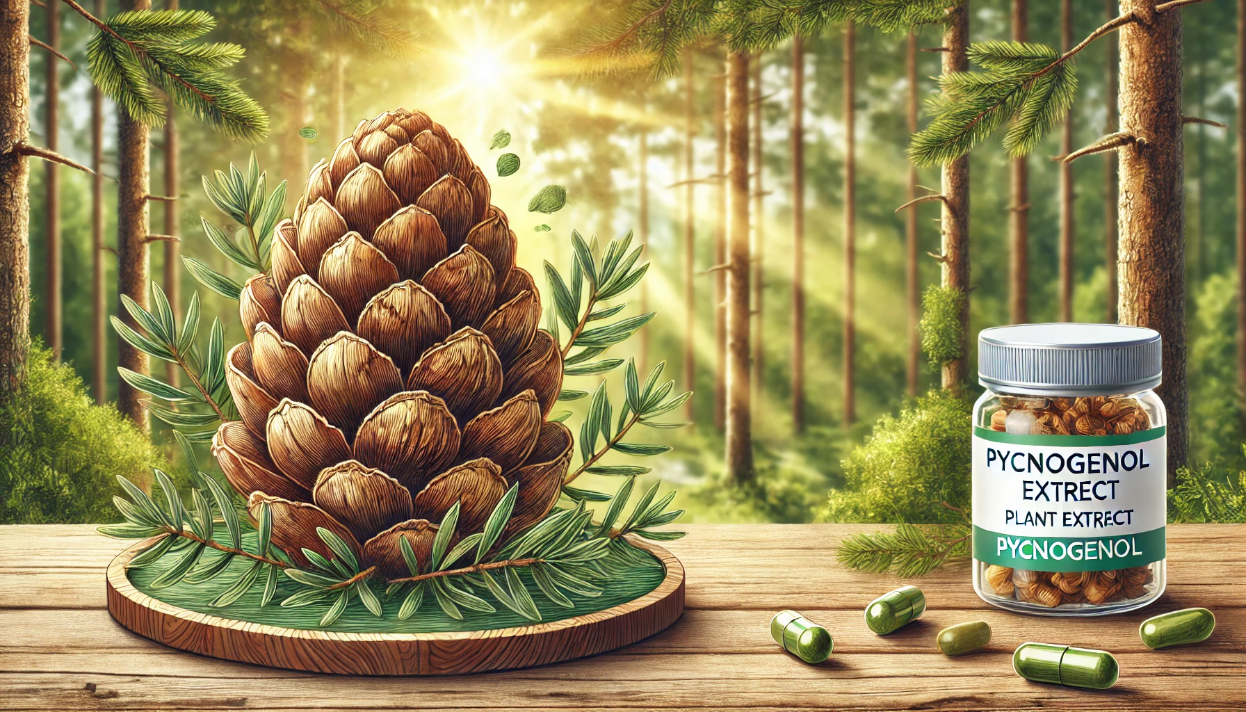 O Que é o Pycnogenol? 42 DALL·E 2025 01 20 11.14.06 A detailed and horizontal illustration of pycnogenol a plant extract derived from maritime pine bark depicted in a natural and calming forest envir
