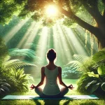 Pessoa meditando em meio à natureza, cercada por vegetação e luz suave, representando tranquilidade e estratégias naturais para ansiedade.