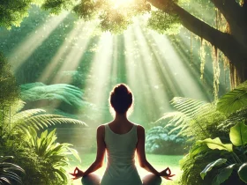 Pessoa meditando em meio à natureza, cercada por vegetação e luz suave, representando tranquilidade e estratégias naturais para ansiedade.