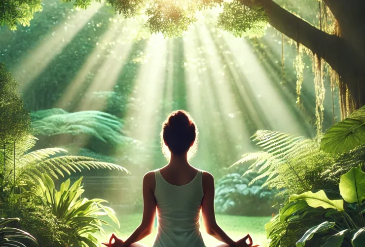 Pessoa meditando em meio à natureza, cercada por vegetação e luz suave, representando tranquilidade e estratégias naturais para ansiedade.