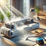 DALL·E 2025 03 14 10.12.59 A high quality digital illustration of a modern clean living room with a luxurious sofa being professionally cleaned. Steam rises from the upholstery
