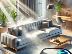 DALL·E 2025 03 14 10.12.59 A high quality digital illustration of a modern clean living room with a luxurious sofa being professionally cleaned. Steam rises from the upholstery