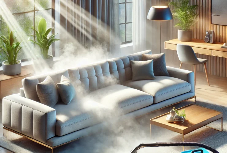 DALL·E 2025 03 14 10.12.59 A high quality digital illustration of a modern clean living room with a luxurious sofa being professionally cleaned. Steam rises from the upholstery