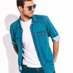 portrait handsome smiling stylish young man model wearing jeans clothes sunglasses fashion man